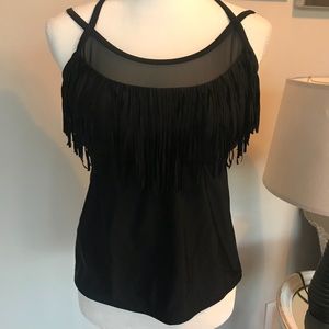 Black Mesh and Fringed Catalina Bathing Suit Top